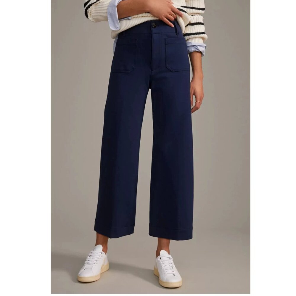 27 TALL🔹 Anthropologie Maeve The Colette Ponte Crop Wide-Leg Pants Navy Blue
